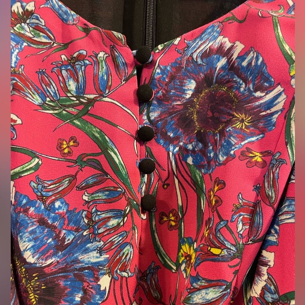 PRABAL GURUNG Collective Pink Floral Cape-Sleeve Tunic Blouse Belted - Size 6 - Picture 6 of 11